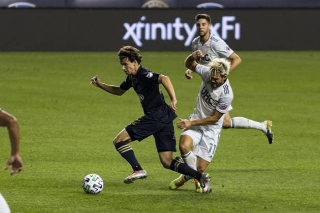 Chester, United States of America, Sept 12th Brenden Aaronson and Kellyn Rowe during the Major League Soccer game between Philadelphia Union and New England Revolution at Subaru Park in Chester. Morgan Tencza SPP Philadelphia Union v New England Revolution 