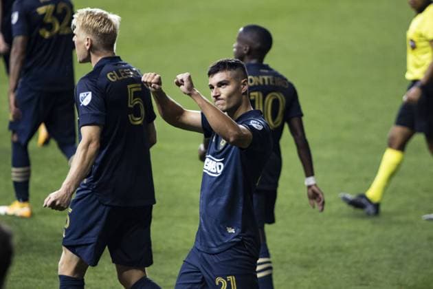 Chester, United States of America, Sept 12th Anthony Fontana celebrates game winner during the Major League Soccer game between Philadelphia Union and New England Revolution at Subaru Park in Chester. Morgan Tencza SPP Philadelphia Union v New England Revolution 