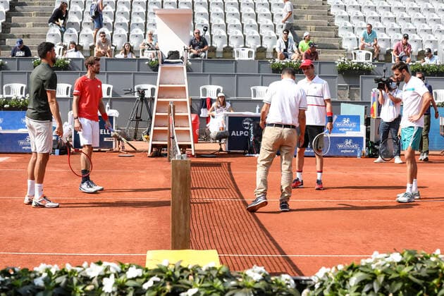 TENNIS - ATP, Tennis Herren Generali Open 2020 KITZBUEHEL,AUSTRIA,13.SEP.20 - TENNIS - ATP World Tour, Generali Open , final. Image shows Franko Skugor (CRO), Austin Krajicek (USA), the referee, Horacio Zeballos (ARG) and Marcel Granollers (ESP). GEPAxpictures xPatrickxSteiner