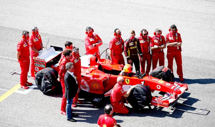 Motorsports: FIA Formula One World Championship, WM, Weltmeisterschaft 2020, Grand Prix of Tuscany, Mick Schumacher (GER) prepares to drive the Ferrari F2004 of his father Michael Schumacher, Louis Camilleri, Mattia Binotto (ITA, Scuderia Ferrari Mission Winnow), Scarperia Italy