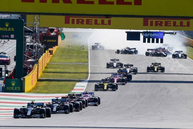 Motorsports: FIA Formula One World Championship, WM, Weltmeisterschaft 2020, Grand Prix of Tuscany, Crash at the restart between 99 Antonio Giovinazzi (ITA, Alfa Romeo Racing ORLEN), 20 Kevin Magnussen (DEN, Haas F1 Team), 6 Nicholas Latifi (CAN, Williams Racing), 55 Carlos Sainz (ESP, McLaren F1 Team), Scarperia Italy