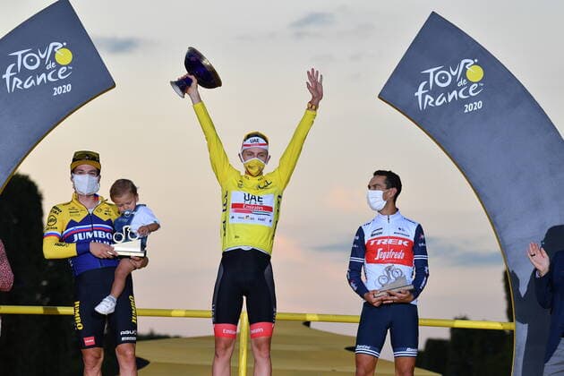 L-R, second Primoz Roglic of Team Jumbo - Visma (and his child), winner yellow jersey Slovenian Tadej Pogacar of UAE Team Emirates and third Richie Porte of Trek - Segafredo, celebrate on the podium after the final stage of the 107th edition of the Tour de France cycling race, 122km from Mantes-la-Jolie to Paris, in France, Sunday 20 September 2020. This year s Tour de France was postponed due to the worldwide Covid-19 pandemic. The 2020 race starts in Nice on Saturday 29 August and ends on 20 September. DAVIDxSTOCKMAN  x2548254x