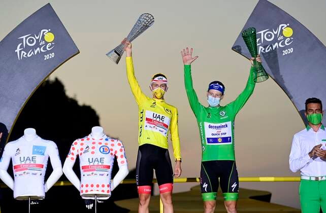 PARIS, FRANCE - SEPTEMBER 20 : POGACAR Tadej (SLO) of UAE TEAM EMIRATES & BENNETT Sam of Deceuninck - Quick Step pictured during the podium ceremony during stage 21 of the 107th edition of the 2020 Tour de France cycling race, a stage of 122 kms with start in Mantes-la-Jolie and finish at the Avenue des Champs Elysees in Paris on September 20, 2020 in Paris, France, 20 09 2020 CYCLISME : Tour de France - Etape 21 - Mantes la Jolie a Paris Champs Elysees - 20 09 2020 PhotoNews Panoramic 