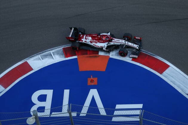 SOCHI, RUSSIA - SEPTEMBER 25, 2020: Alfa Romeo F1 Team driver Kimi Raikkonen takes part in a free practice session at the 2020 Formula One Russian Grand Prix race at the Sochi Autodrom racing circuit. Dmitry Feoktistov TASS  TS0E8736