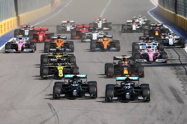 SOCHI, RUSSIA - SEPTEMBER 27, 2020: Pilots at the start of the race at the 2020 Formula One Russian Grand Prix at the Sochi Autodrom racing circuit. Dmitry Feoktistov TASS  TS0E89D9