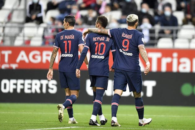 JOIE - FAIR PLAY - 10 NEYMAR JR (psg) - 09 Mauro ICARDI (psg) - 11 Angel DI MARIA (psg) - dos FOOTBALL : Reims vs Paris SG - Ligue 1 Uber Eats - 27 09 2020 FEP Panoramic 