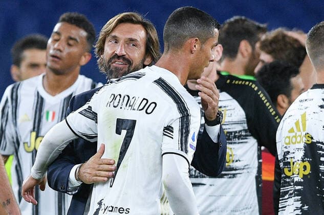Andrea Pirlo manager of Juventus FC hugs Cristiano Ronaldo of Juventus FC at the end of the Serie A match between Roma and Juventus at Stadio Olimpico, Rome, Italy on 27 September 2020. Copyright: xGiuseppexMaffiax 27150016