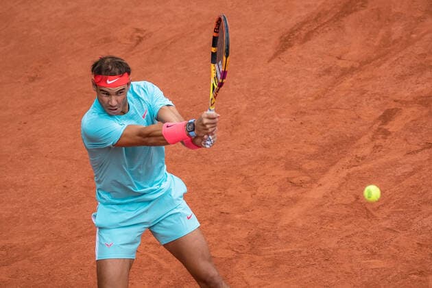 Rafael NADAL (ESP) plays a backhand during his match against Mackenzie MCDONALD (USA) in the Philippe Chatrier court on the second round of the French Open tennis tournament at Roland Garros in Paris, France, 30th June 2020.  Copyright: xAurelienxMorissardx
