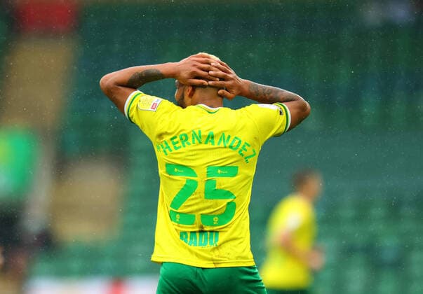 3rd October 2020; Carrow Road, Norwich, Norfolk, England, English Football League Championship Football, Norwich versus Derby; Onel Hernandez of Norwich City holds his head as a chance on goal is missed  ActionPlus12238241 ShaunxBrooks