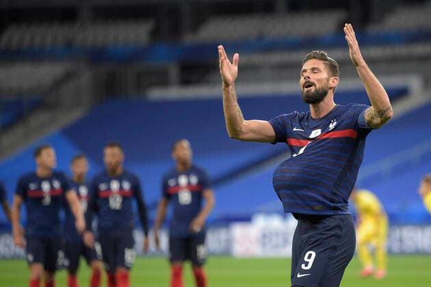 Joie des joueurs de l Equipe de France apres le but de GIROUD OLIVIER (France) FOOTBALL : France vs Ukraine - Match Amical - Paris 07 10 2020 JBAutissier Panoramic 