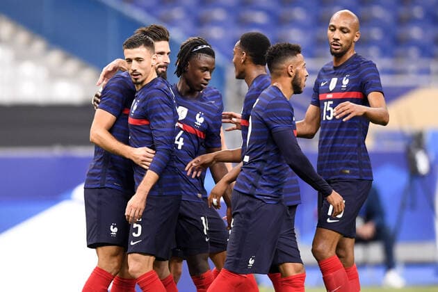 JOIE - FAIR PLAY - 09 OLIVIER GIROUD (FRA) - 05 CLEMENT LENGLET (FRA) - 14 EDUARDO CAMAVINGA (FRA) - 15 STEVEN NZONZI (FRA) FOOTBALL : France vs Ukraine - Match Amical - 07 10 2020 FEP Panoramic 