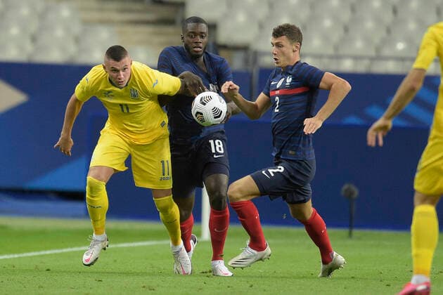 UPAMECANO DAYOT (France) vs Oleksandr Zubkov (Ukr) Benjamin Pavard (france) FOOTBALL : France vs Ukraine - Match Amical - Paris 07 10 2020 JBAutissier Panoramic 