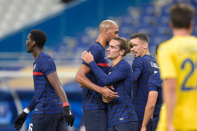 Joie des joueurs de l Equipe de France apres le but de GRIEZMANN ANTOINE (France) FOOTBALL : France vs Ukraine - Match Amical - Paris 07 10 2020 JBAutissier Panoramic 