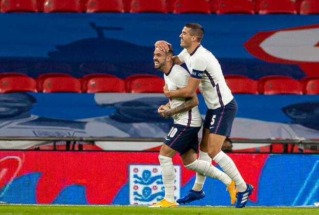 (201009) -- LONDON, Oct. 9, 2020 () -- England s Danny Ings (L) celebrates after scoring with teammate Conor Coady during a friendly match between England and Wales in London, Britain, on Oct. 8, 2020. () (SP) BRITAIN-LONDON-FOOTBALL-FRIENDLY MATCH-ENGLAND VS WALES Xinhua 