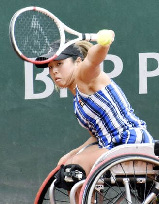 Tennis: French Open women s wheelchair final Yui Kamiji plays a shot against Japanese compatriot Momoko Ohtani in the women s wheelchair singles final of the French Open tennis tournament in Paris on Oct. 9, 2020. 