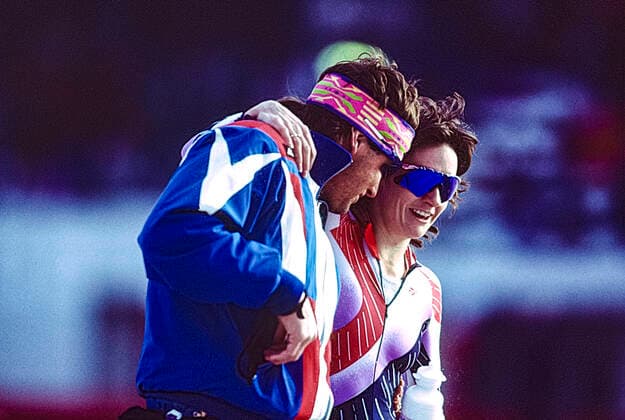 Speed skating, Eisschnelllauf Bonnie Blair Bonnie Blair (USA) with her coach Peter Mueller at the 1994 Olympic Winter games, Winterspiele,Spiele, Summer games Copyright: xStevenxExxSutton DUOMO PCNx SS0102_067585