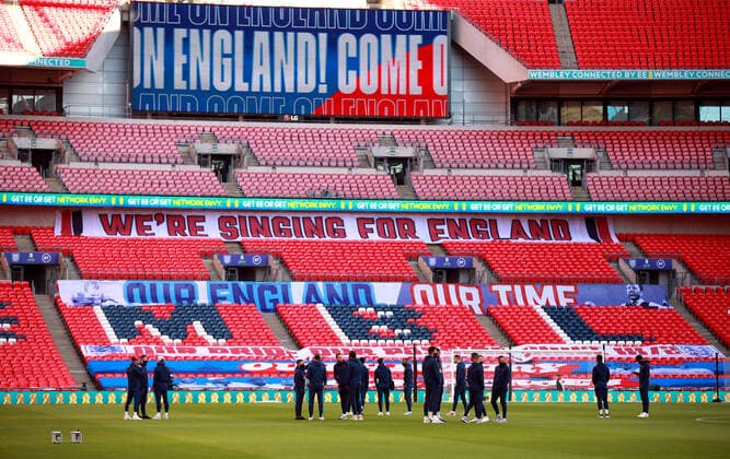 England players inspect the pitch before the UEFA Nations League Group 2, League A match at Wembley Stadium, London. Use subject to FA restrictions. Editorial use only. Commercial use only with prior written consent of the FA. No editing except cropping. BELGIUM ONLY IanxWalton  x0105519897stx