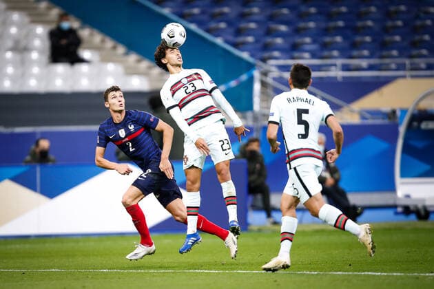 J Felix ( 23 - Portugal ) - Benjamin Pavard ( 2 - France ) - R Guerreiro ( 5 - Portugal ) - FOOTBALL : France vs Portugal - Ligue des Nations - Saint Denis - 11 10 2020 FedericoPestellini Panoramic 