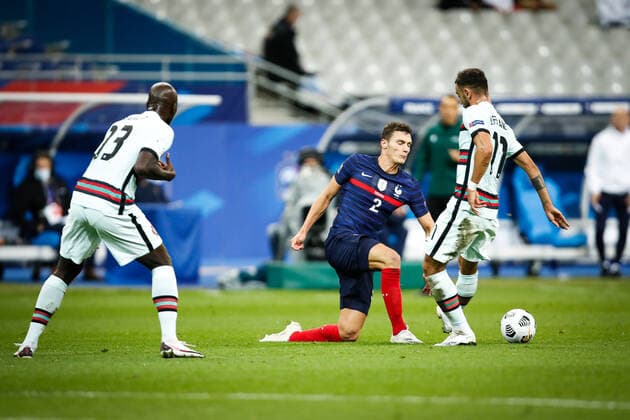 Benjamin Pavard ( 2 - France ) - B Fernandes ( 11 - Portugal ) - FOOTBALL : France vs Portugal - Ligue des Nations - Saint Denis - 11 10 2020 FedericoPestellini Panoramic 