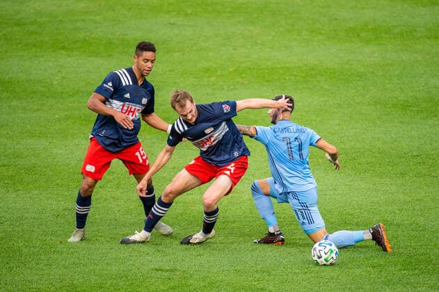 October 11, 2020, Bronx, NY, US: New York City midfielder VALENTIN CASTELLANOS 11 fights for the ball against New England Revolution defender HENRY KESSLER 4 and New England Revolution midfielder BRANDON BYE 15 during a regular season game at Yankees Stadium in Bronx, NY. New England Revolution defeats New York City FC 2-1 Bronx US - ZUMAs192 20201011_zap_s192_019 Copyright: xMarkxSmithx
