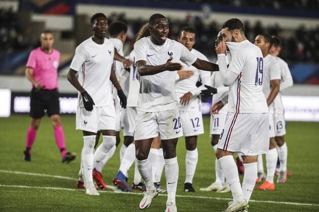 Jules Kounde goal and Boubakary Soumare 20 during the U21, U 21 European Championships qualifying football match France vs Slovaquie at the Meinau stadium in Strasbourg, eastern France, on October 12, 2020. FOOTBALL : France vs Slovaquie - U21 - strasbourg - 12 10 2020 ELYxandrocegarra panoramic 