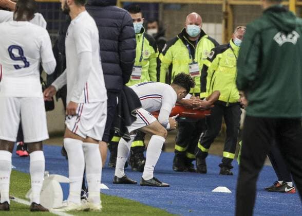 Yvann Macon, Blessure during the U21, U 21 European Championships qualifying football match France vs Slovaquie at the Meinau stadium in Strasbourg, eastern France, on October 12, 2020. FOOTBALL : France vs Slovaquie - U21 - strasbourg - 12 10 2020 ELYxandrocegarra panoramic 