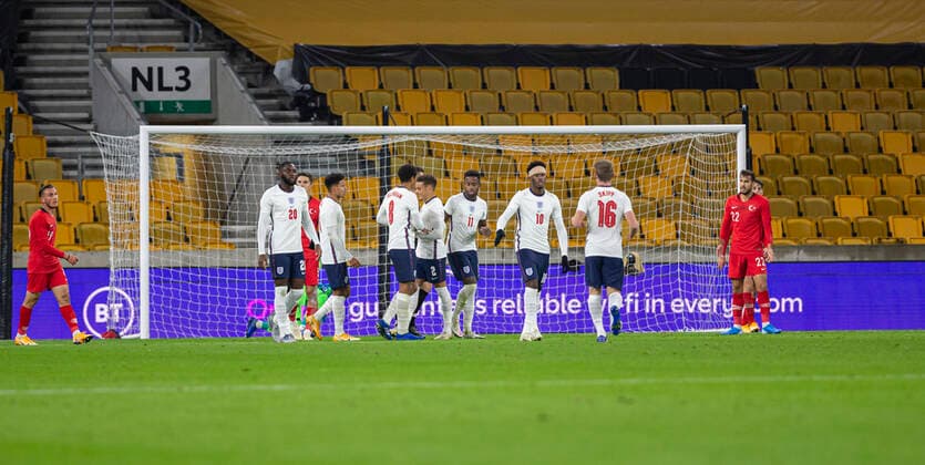 13th October 2020; Molineux Stadium, Wolverhampton, West Midlands, England; UEFA Under 21 European Championship, EM, Europameisterschaft Qualifiers, Group Three, England Under 21 versus Turkey Under 21; The England team celebrates as Turkey s T& xfc;rkmen deflects a shot into his own net for 1-0 in the 17th minute  ActionPlus12240784 RolandxHarrison
