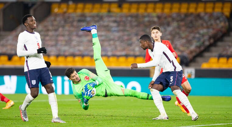 13th October 2020; Molineux Stadium, Wolverhampton, West Midlands, England; UEFA Under 21 European Championship, EM, Europameisterschaft Qualifiers, Group Three, England Under 21 versus Turkey Under 21; Turkey Goalkeeper Altay Bayindir catches the ball in mid-air  ActionPlus12240795 RolandxHarrison
