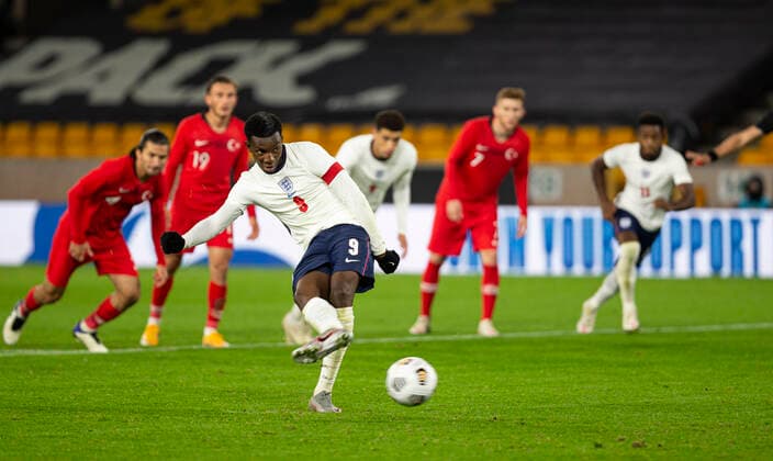 13th October 2020; Molineux Stadium, Wolverhampton, West Midlands, England; UEFA Under 21 European Championship, EM, Europameisterschaft Qualifiers, Group Three, England Under 21 versus Turkey Under 21; Eddie Nketiah of England takes a penalty but it hits the post and is saved in the last minutes of the match  ActionPlus12240799 RolandxHarrison
