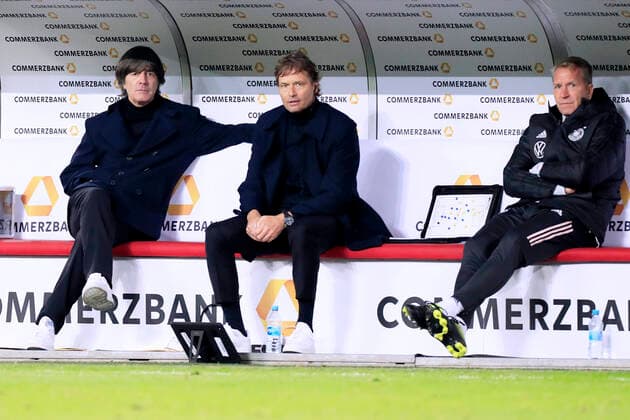 LOEW Joachim Bundestrainer Team Deutschland mit Co -Trainer SORG Marcus und Trainer KOEPKE Andreas UEFA Nations League Qualifikation Spiel Deutschland - Schweiz 3 : 3 am 13. Oktober 2020 in Köln DFL REGULATIONS PROHIBIT ANY USE OF PHOTOGRAPHS as IMAGE SEQUENCES and or QUASI-VIDEO