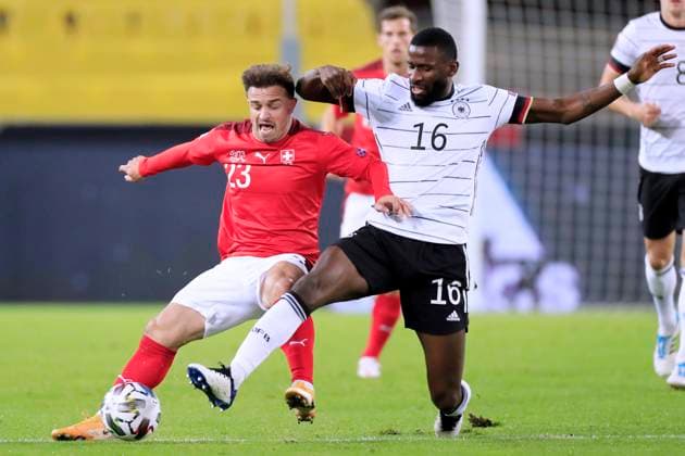 SHAQIRI Xherdan Team Schweiz mit RUEDIGER Antonio UEFA Nations League Qualifikation Spiel Deutschland - Schweiz 3 : 3 am 13. Oktober 2020 in Köln DFL REGULATIONS PROHIBIT ANY USE OF PHOTOGRAPHS as IMAGE SEQUENCES and or QUASI-VIDEO