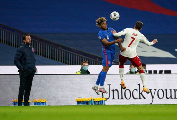 England manager Gareth Southgate watches on as Reece James (Chelsea) of England and Robert Skov (1899 Hoffenheim) of Denmark challenge for the ball during the UEFA Nations League match played behind closed doors due to the current government Covid-19 rules within sports venues between England and Denmark at Wembley Stadium, London, England on 14 October 2020. Copyright: xAndyxRowlandx PMI-3658-0031