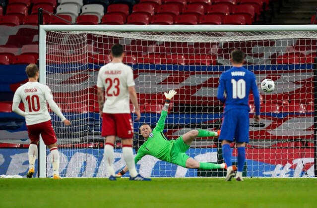 Christian Eriksen (Internazionale) of Denmark scores from the penalty spot during the UEFA Nations League match played behind closed doors due to the current government Covid-19 rules within sports venues between England and Denmark at Wembley Stadium, London, England on 14 October 2020. Copyright: xAndyxRowlandx PMI-3658-0039