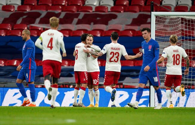 Christian Eriksen (Internazionale) of Denmark celebrates his goal during the UEFA Nations League match played behind closed doors due to the current government Covid-19 rules within sports venues between England and Denmark at Wembley Stadium, London, England on 14 October 2020. Copyright: xAndyxRowlandx PMI-3658-0040