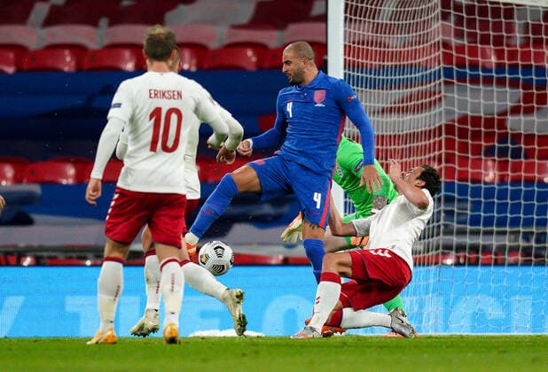 Kasper Dolberg (Nice) of Denmark is brought down in-between Goalkeeper Jordan Pickford (Everton) of England and Kyle Walker (Manchester City) of England for the penalty during the UEFA Nations League match played behind closed doors due to the current government Covid-19 rules within sports venues between England and Denmark at Wembley Stadium, London, England on 14 October 2020. Copyright: xAndyxRowlandx PMI-3658-0041