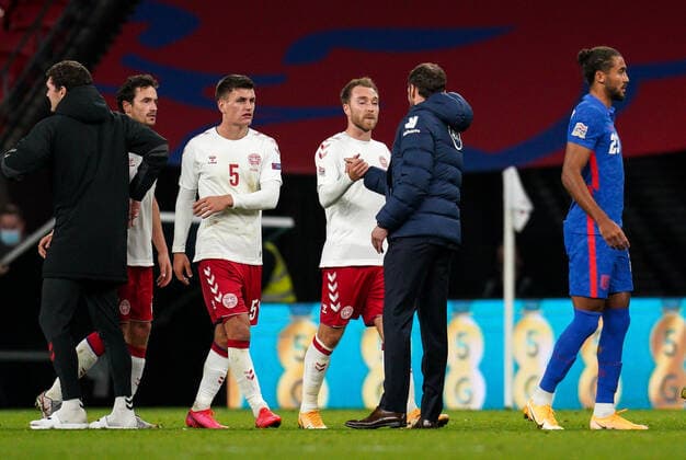 England manager Gareth Southgate congratulates Christian Eriksen (Internazionale) of Denmark after the UEFA Nations League match played behind closed doors due to the current government Covid-19 rules within sports venues between England and Denmark at Wembley Stadium, London, England on 14 October 2020. Copyright: xAndyxRowlandx PMI-3658-0143