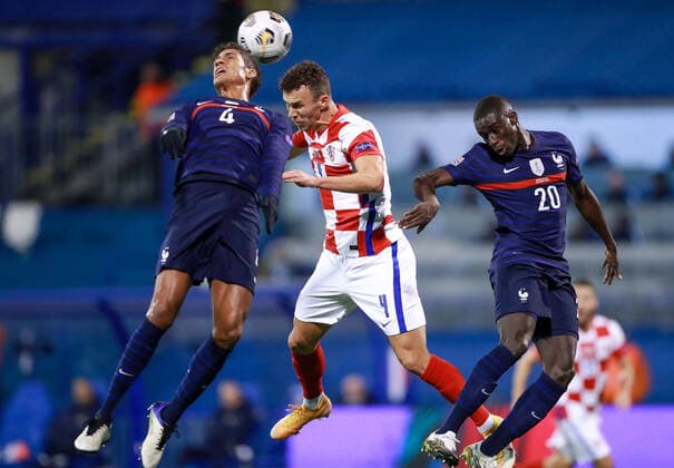 Raphael Varane and Ferland Mendy of france and Ivan Perisic of Croatia FOOTBALL : Croatie vs France - UEFA Ligue des Nations - Zagreb - 14 10 2020 Panoramic NikolaKrstic 