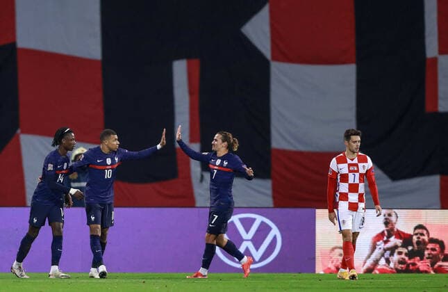 French players celebrates after scoring FOOTBALL : Croatie vs France - UEFA Ligue des Nations - Zagreb - 14 10 2020 Panoramic NikolaKrstic 