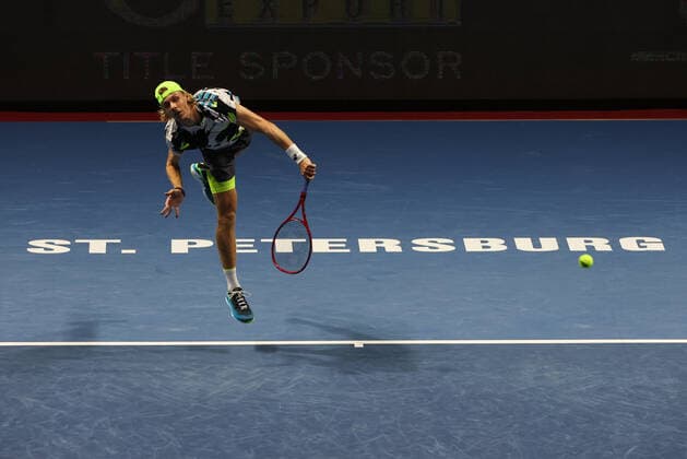 ST PETERSBURG, RUSSIA - OCTOBER 15, 2020: Canadian tennis player Denis Shapovalov struggles in a Round of 16 match against his Belarusian rival Ilya Ivashka during the St Petersburg Open 2020 international tournament held at Sibur Arena. Alexander Demianchuk TASS  TS0EAE0E