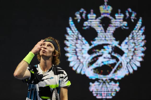 ST PETERSBURG, RUSSIA - OCTOBER 16, 2020: Russia s Andrey Rublev after winning a quarterfinal match against the UK s Cameron Norrie at the St Petersburg Open 2020 international tournament held at Sibur Arena. Alexander Demianchuk TASS  TS0EB03A