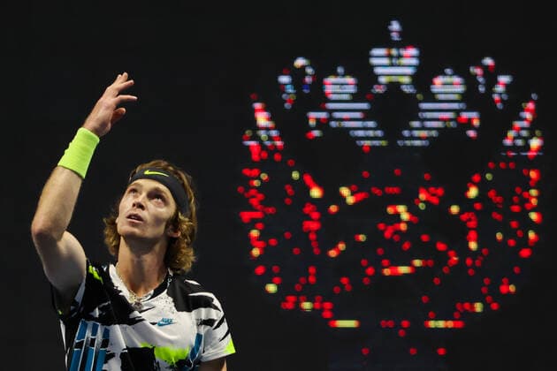 ST PETERSBURG, RUSSIA - OCTOBER 16, 2020: Russia s Andrey Rublev after winning a quarterfinal match against the UK s Cameron Norrie at the St Petersburg Open 2020 international tournament held at Sibur Arena. Alexander Demianchuk TASS  TS0EB03D