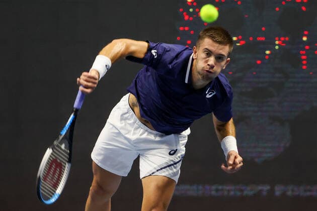 ST PETERSBURG, RUSSIA - OCTOBER 16, 2020: Croatia s Borna Coric returns the ball in a quarterfinal match against the USA s Reilly Opelka at the St Petersburg Open 2020 international tournament held at Sibur Arena. Alexander Demianchuk TASS  TS0EB0A3