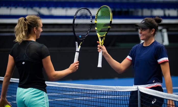 October 17, 2020, Ostrava, CZECH REPUBLIC: Elise Mertens of Belgium & Jennifer Brady of the United States during practice at the 2020 J&T Banka Ostrava Open WTA, Tennis Damen Premier tennis tournament Ostrava CZECH REPUBLIC - ZUMAa181 20201017_zaa_a181_033 Copyright: xRobxPrangex