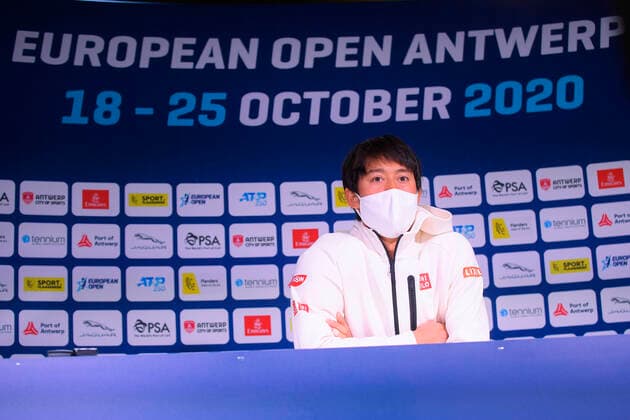 Japanese Kei Nishikori pictured at a press conference, PK, Pressekonferenz of the European Open Tennis ATP, Tennis Herren tournment, in Antwerp, Sunday 18 October 2020. LAURIExDIEFFEMBACQ  x2565838x