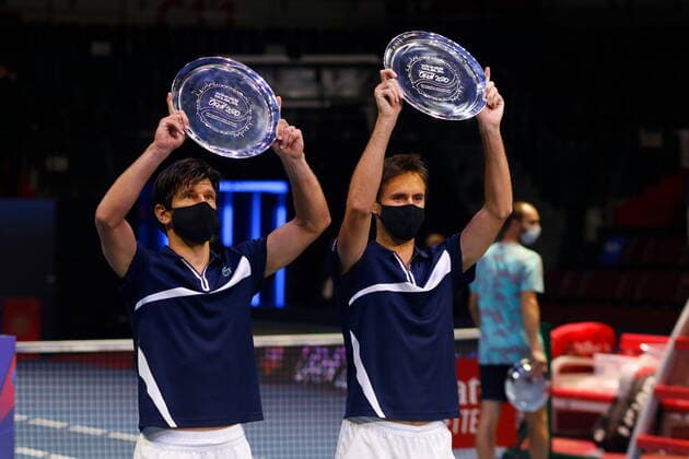 Russian Federation. Saint-Petersburg. SIBUR Arena. International tennis tournament ATP, Tennis Herren St. Petersburg Open By 2020. ATP500. Tennis. St. PETERSBURG OPEN 2020 doubles final Marcelo Demoliner, Matve Middelkoop - Jurgen Melzer, Edouard Roger-Vasselin. Tennis player Jurgen Melzer, Edouard Roger MaksimxKonstantinov