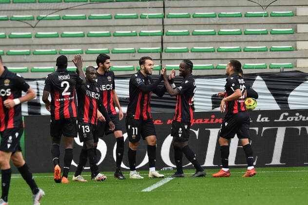 Joie de Amine Gouiri et de ses coequipiers (nice) FOOTBALL : AS Saint Etienne vs OGC Nice - Ligue 1 Uber Eats - 18 10 2020 FredericChambert Panoramic 