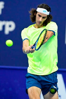 ATTENTION EDITORS - HAND OUT - EDITORIAL USE ONLY - NO SALES - South African Lloyd Harris pictured in action during a qualifying game of the simple men competition between Argentina s Federico Coria and South African Lloyd Harris of the European Open Tennis ATP, Tennis Herren tournment, in Antwerp, Monday 19 October 2020. LAURIExDIEFFEMBACQ  x2567206x