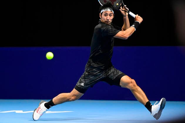 ATTENTION EDITORS - HAND OUT - EDITORIAL USE ONLY - NO SALES - Japanese Yasutaka Uchiyama pictured in action during a qualifying game of the simple men competition between US Marcos Giron and Japanese Yasutaka Uchiyama of the European Open Tennis ATP, Tennis Herren tournment, in Antwerp, Monday 19 October 2020. LAURIExDIEFFEMBACQ  x2567210x