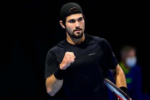 US Marcos Giron celebrates during a qualifying game of the simple men competition between US Marcos Giron and Japanese Yasutaka Uchiyama of the European Open Tennis ATP, Tennis Herren tournment, in Antwerp, Monday 19 October 2020. TENNIS : Open d Anvers - 19 10 2020 PhotoNews Panoramic 