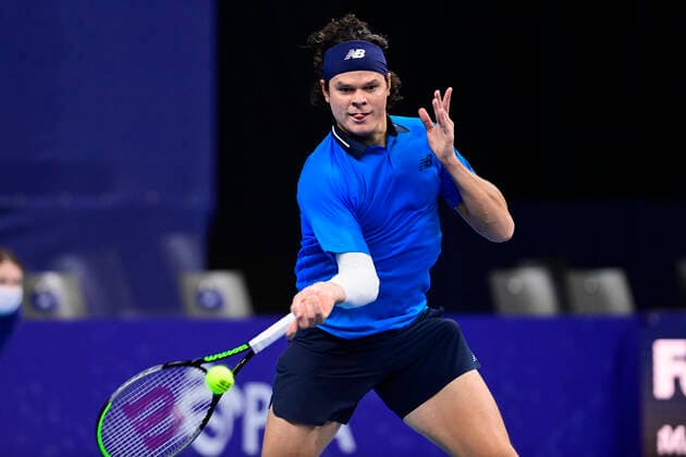 ATTENTION EDITORS - HAND OUT - EDITORIAL USE ONLY - NO SALES - NO MARKETING - Canadian Milos Raonic pictured in action during the game between Slovenian Bedene and Canadian Raonic, in the first round of the men s singles competition at the European Open Tennis ATP, Tennis Herren tournament, in Antwerp, Wednesday 21 October 2020. LAURIExDIEFFEMBACQ  x2568360x